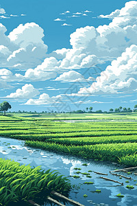 绿色稻田上的蓝天背景图片