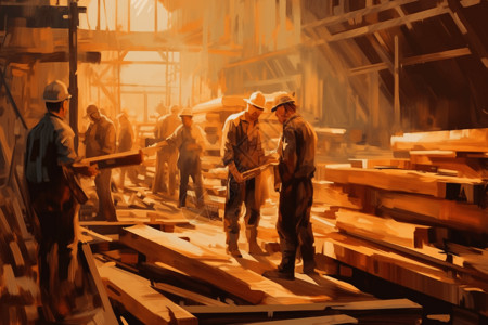 搬木头工人木材工业教育插画