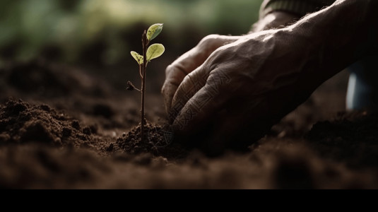 一双手在土壤中种植树苗图片