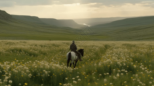 骑着马穿过野花的农民图片