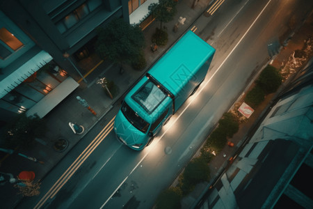 一辆电动送货卡车在繁忙的城市中行驶的俯视图高清图片