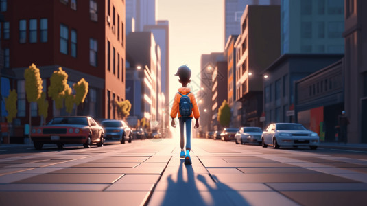 卡通背影一个3D卡通渲染角色走向充满活力的城市景观设计图片