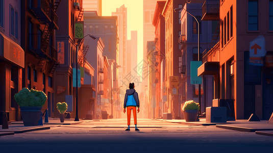 男孩的背影卡通人物站在城市街道设计图片