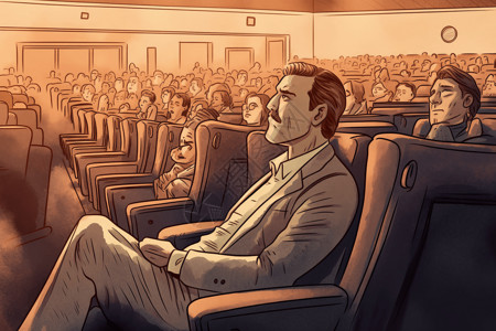 影院沙发坐满人的影院人物特写插画