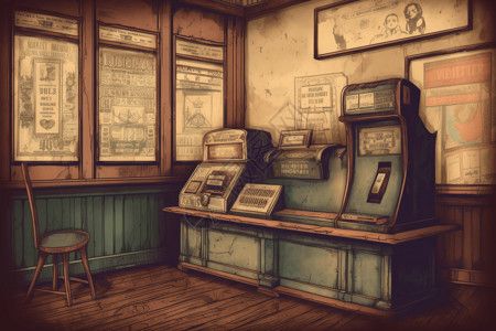 售票厅复古老式售票机插画