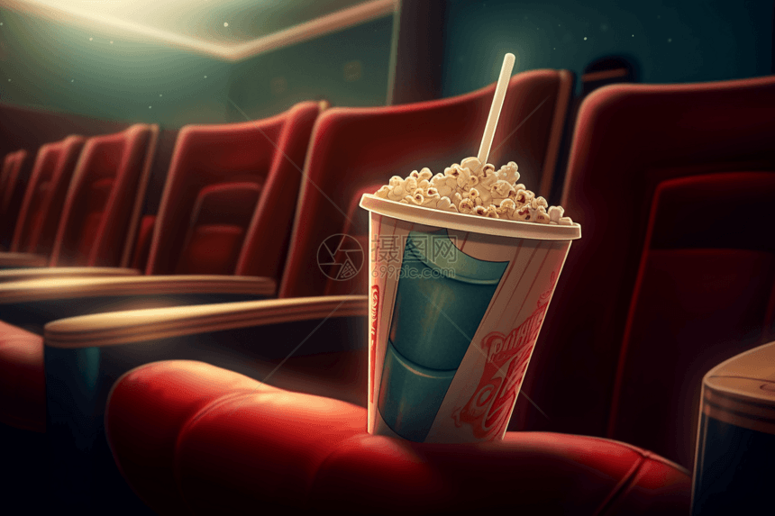 电影院座椅扶手上的一大桶爆米花图片