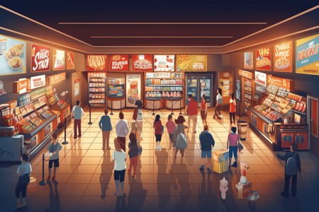 商场演出电影院大厅挤满了在演出前购买小吃和聊天的人插画