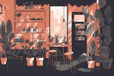 个性室内素材时尚的咖啡店插画