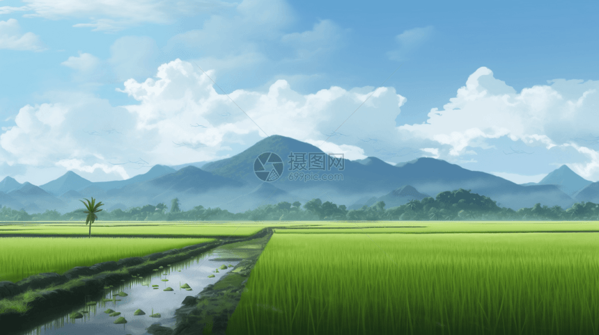 远处群山的稻田图片