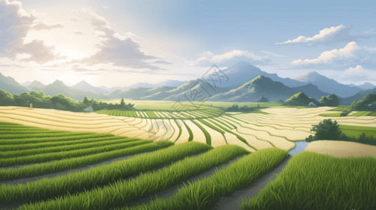 梯田种植乡村的稻田插画