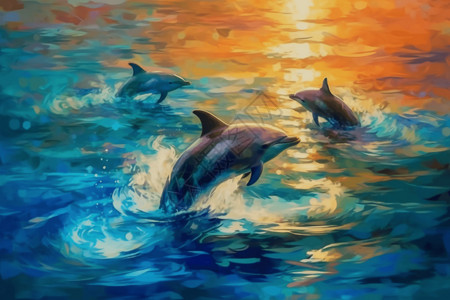 一群海豚在海洋中游泳图片
