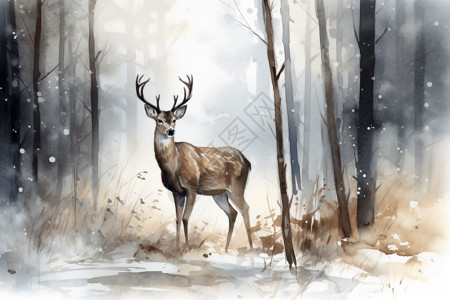 麋鹿在森林中的插画背景图片