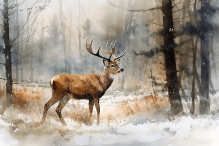白雪皑皑森林中的麋鹿图片