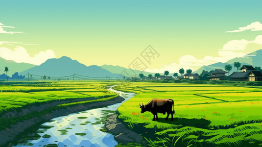水牛在稻田边图片