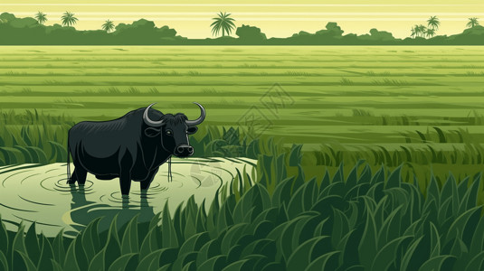 新鲜牛外脊水牛在绿色水稻植物中插画