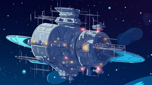 科技背景简单宇宙中的卡通空间站插画