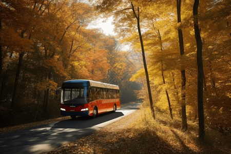 巴士司机汽车在树林的公路上行驶背景