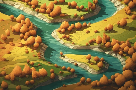 洞庭湖支流蜿蜒的河流插画
