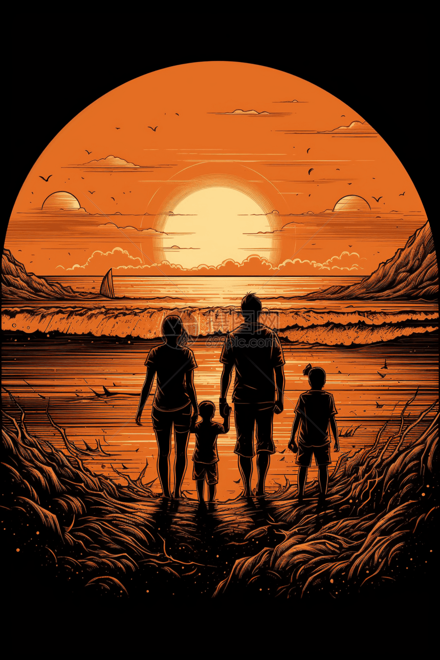 一家人走在日落的海滩图片