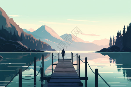 一个站在码头上的人望着背景为山脉的宁静湖泊图片