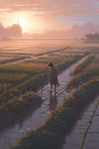 小种子一个中国小女孩在清晨的田野里努力播种秋季蔬菜的种子插画
