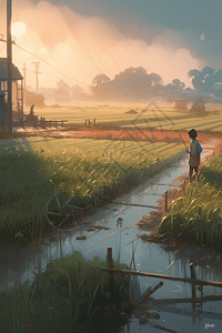 一个中国小女孩在清晨的田野里看着小溪图片