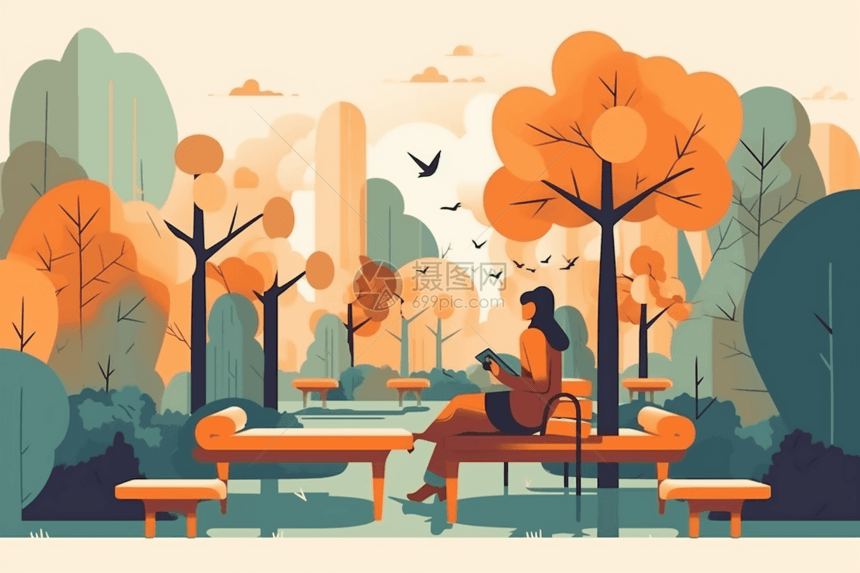 一个人在公园长椅上看书周围有树木和鸟类图片