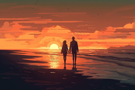 情侣在海滩上海岸线背景图片
