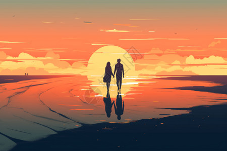 太阳下山日落情侣在海滩上插画
