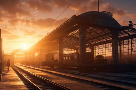 在美丽的日落中的火车站图片
