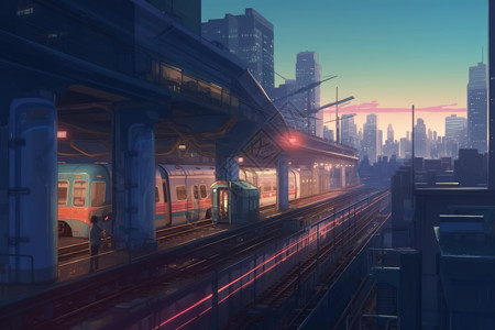 霓虹灯下的火车站图片