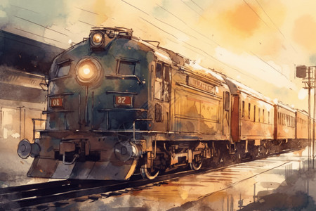 离开城市一列带着冒险感离开车站的火车水彩画插画