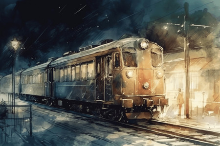 一列冒着大雪离开车站的火车图片