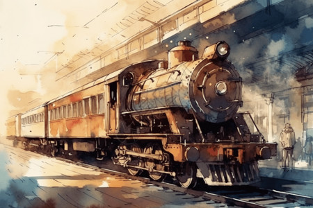 离开城市一列带着冒险感离开车站的火车插画