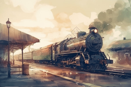 彩色带有老式蒸汽火车的火车站背景图片