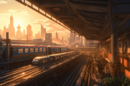 阳光洒落在火车站的火车上图片