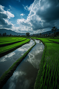 稻田风景如画的夏季景观背景图片