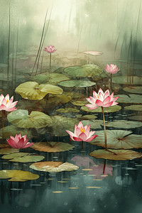 莲花池水彩画背景图片