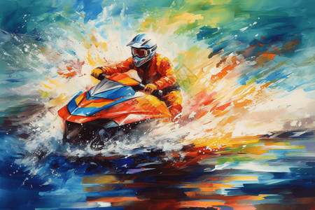 人在水低素材喷气划水赛车在海上驾驶插画