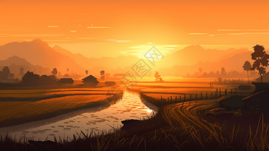 立夏节气手绘广阔的稻田上令人惊叹的日出背景