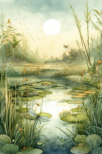 湿地荷花宁静的池塘插画