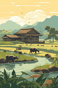 河边水牛夏季美丽的稻田插画
