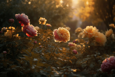 太阳花园户外阳光下的牡丹花设计图片