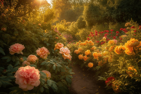 太阳花园温暖阳光下的牡丹花设计图片