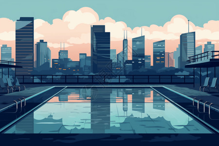 蓝色酒店现代屋顶游泳池插画