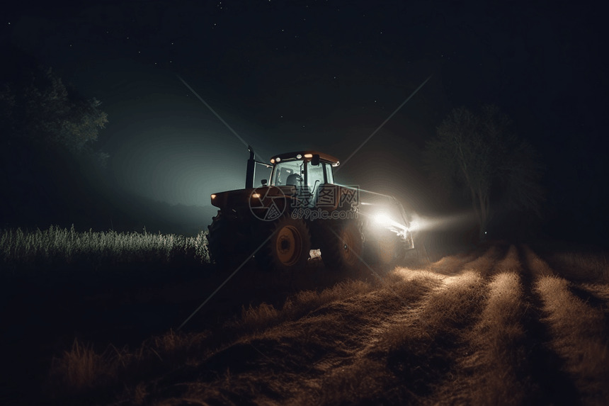 夜晚农田里工作的拖拉机图片