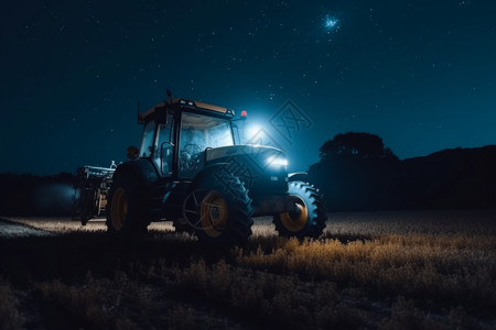 夜晚农田的拖拉机图片