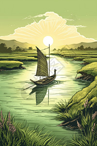 小船在平静的河上航行图片
