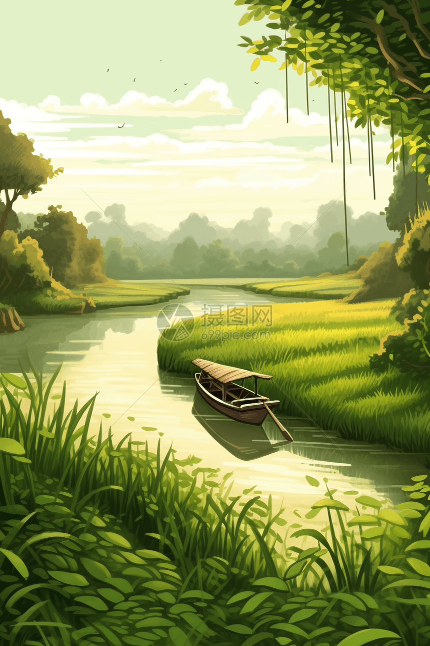 木船在平静的河上图片