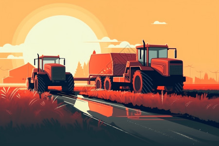 农科技拖拉机在农田中工作插画
